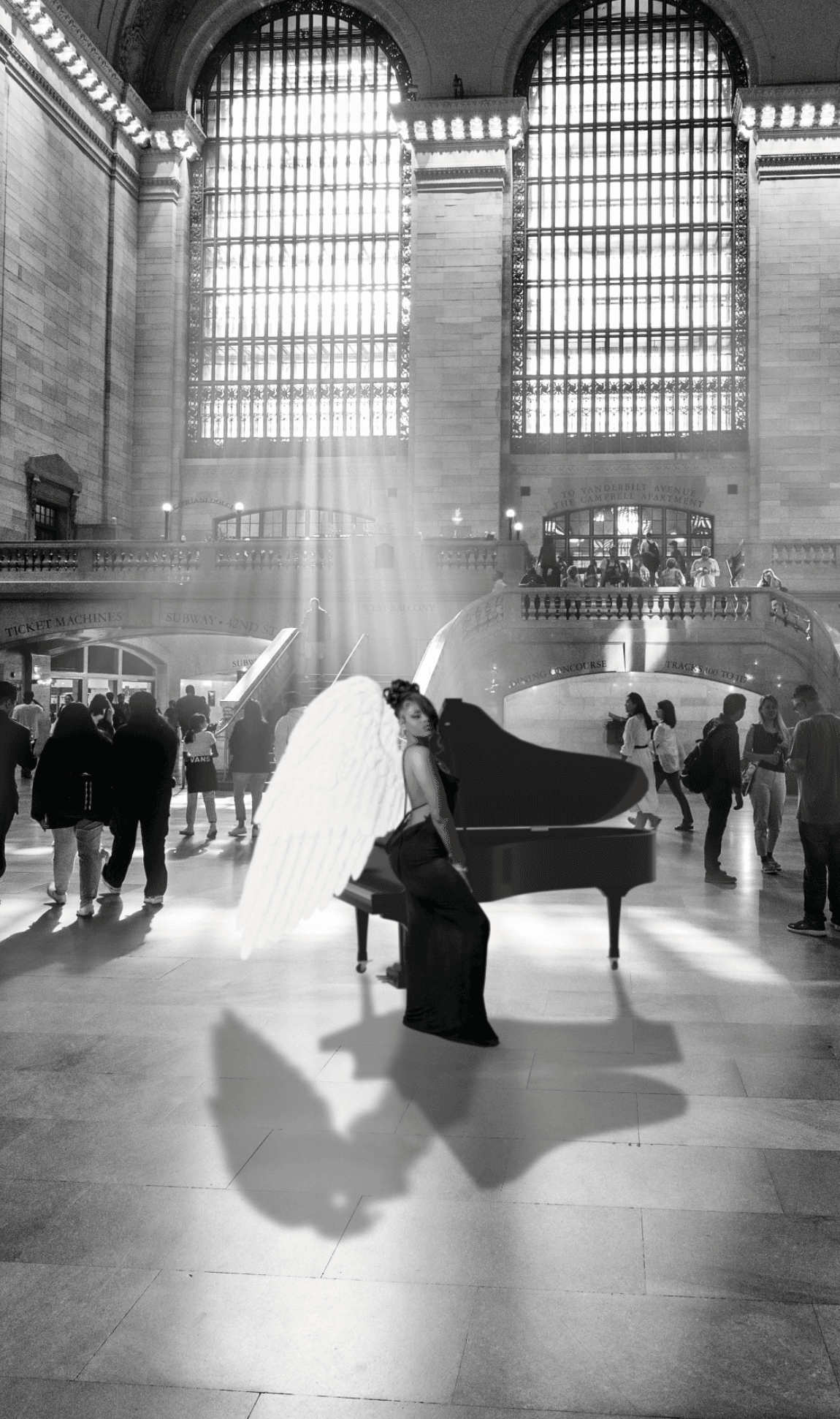 Angel playing piano in New York Central Station