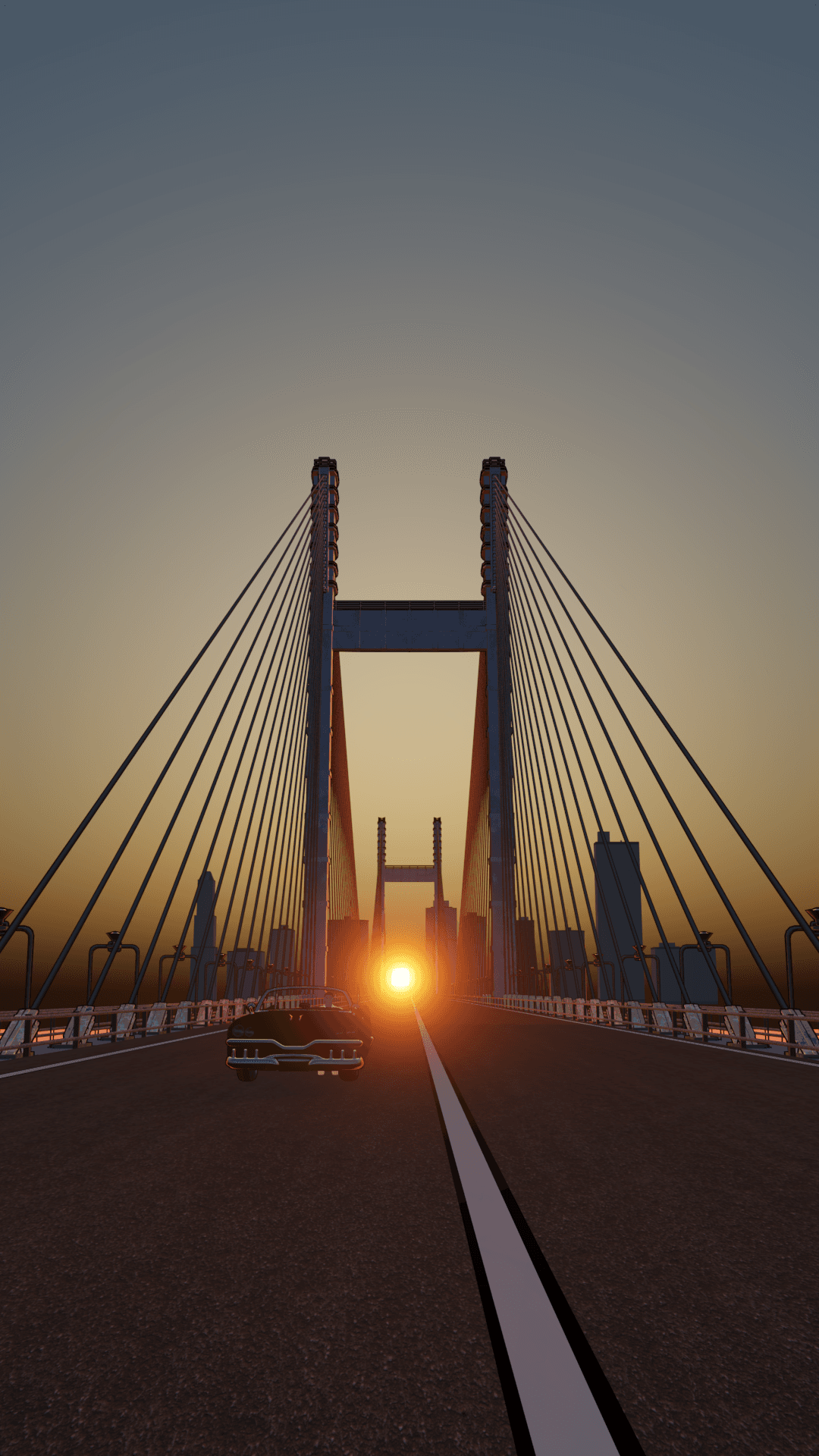 Car driving into the sunset